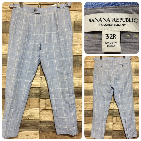Banana Republic Tailored Slim Fit Plaid Linen Pants Men’s 32R Blue (Inseam 27.5) - Picture 1 of 10